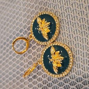 Gold and Green Bee Dangle Earrings With Crystals. Bees Are The Rage